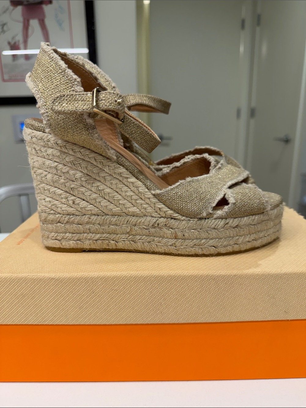 Castaner Bromelia Gold Shimmer Espadrille Wedge Sandals Size 38 / US 7.5 + Box